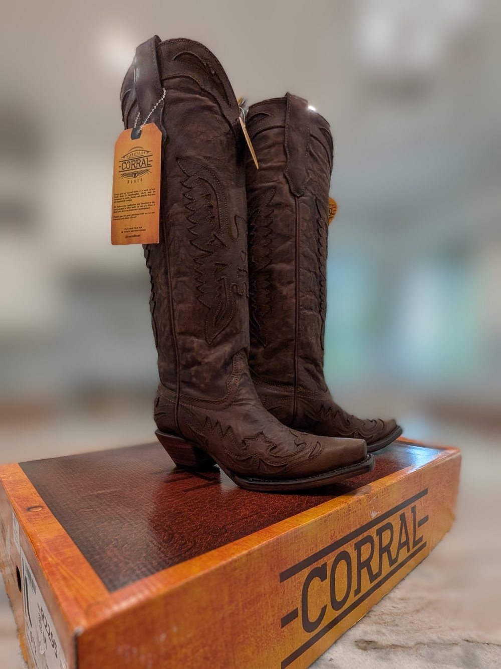 Corral Ladies Brown- Brown Tall Eagle Overlay Leather Cowboy Boots Size 6.5 NWT